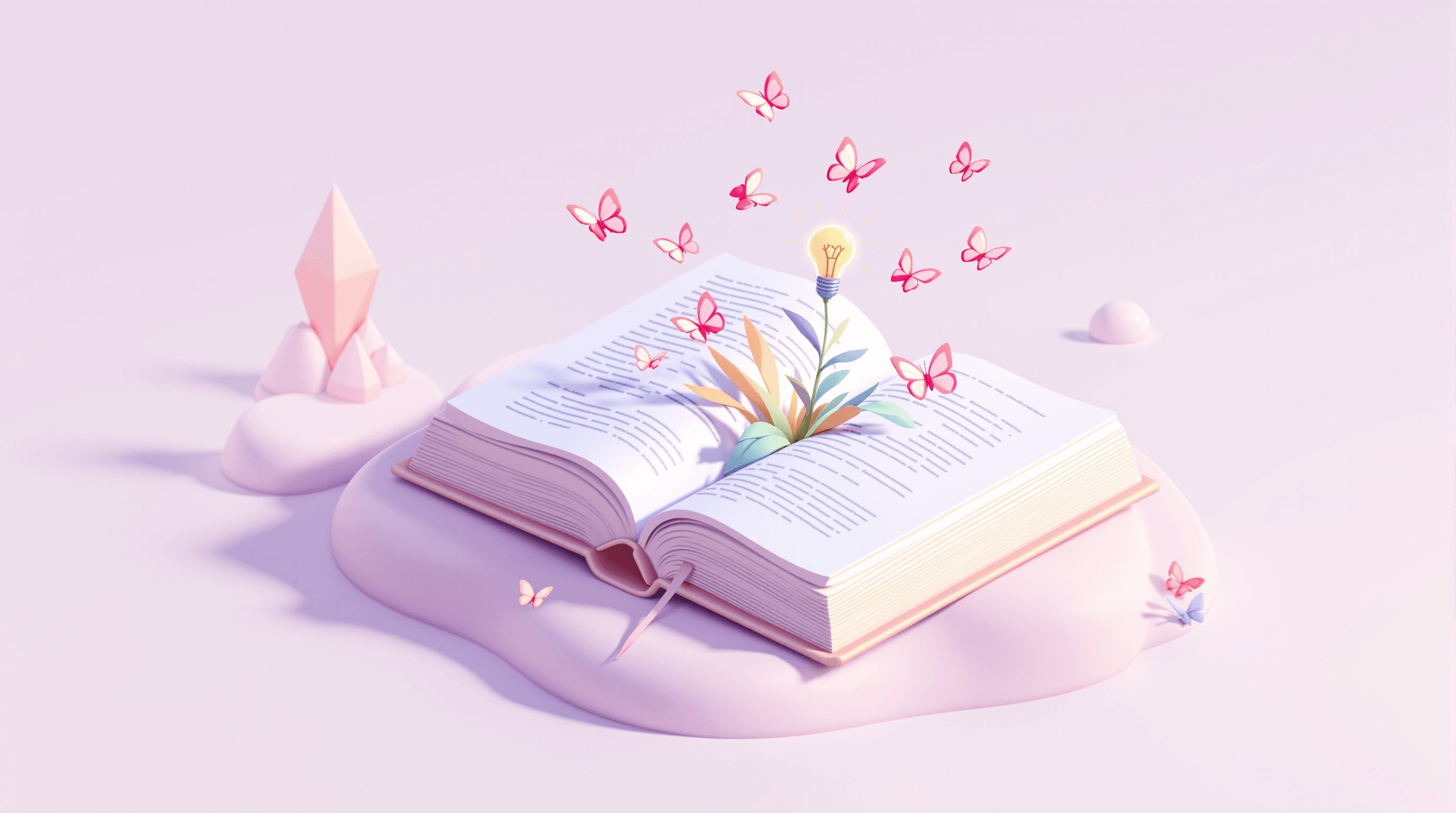 Illustration of an open book with butterflies rising from its pages