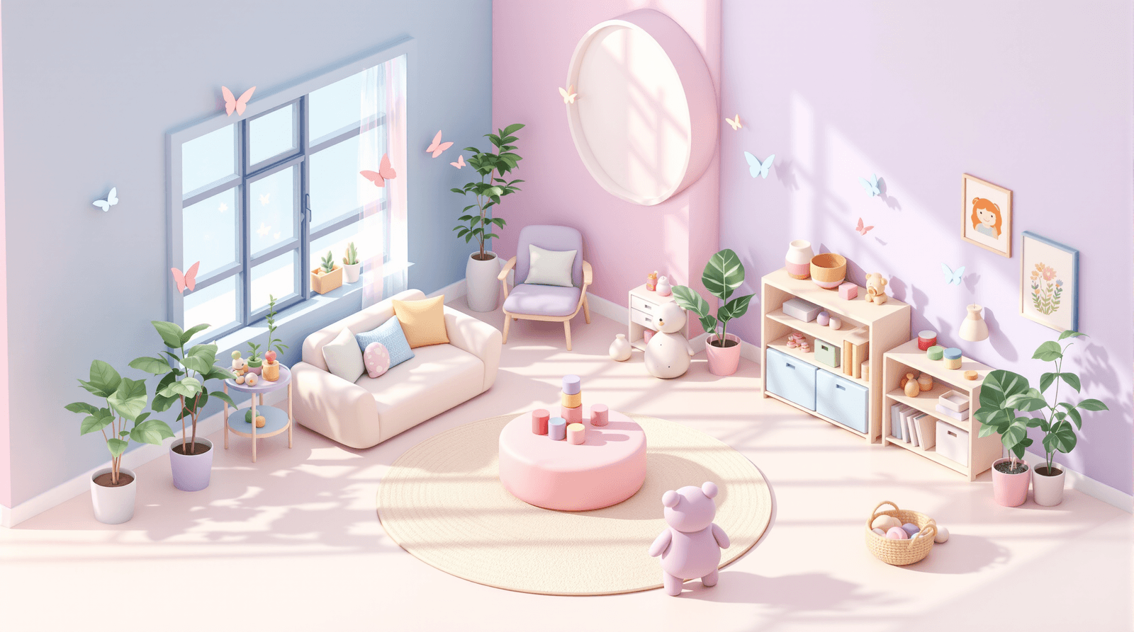 Illustration of the Transformation Therapy Services clinic playroom with activity stations